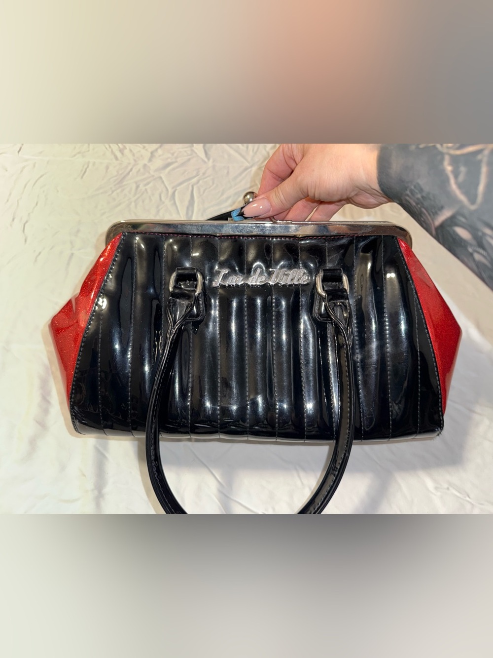 Lux de Ville Black Patent Satchel with Red Panels